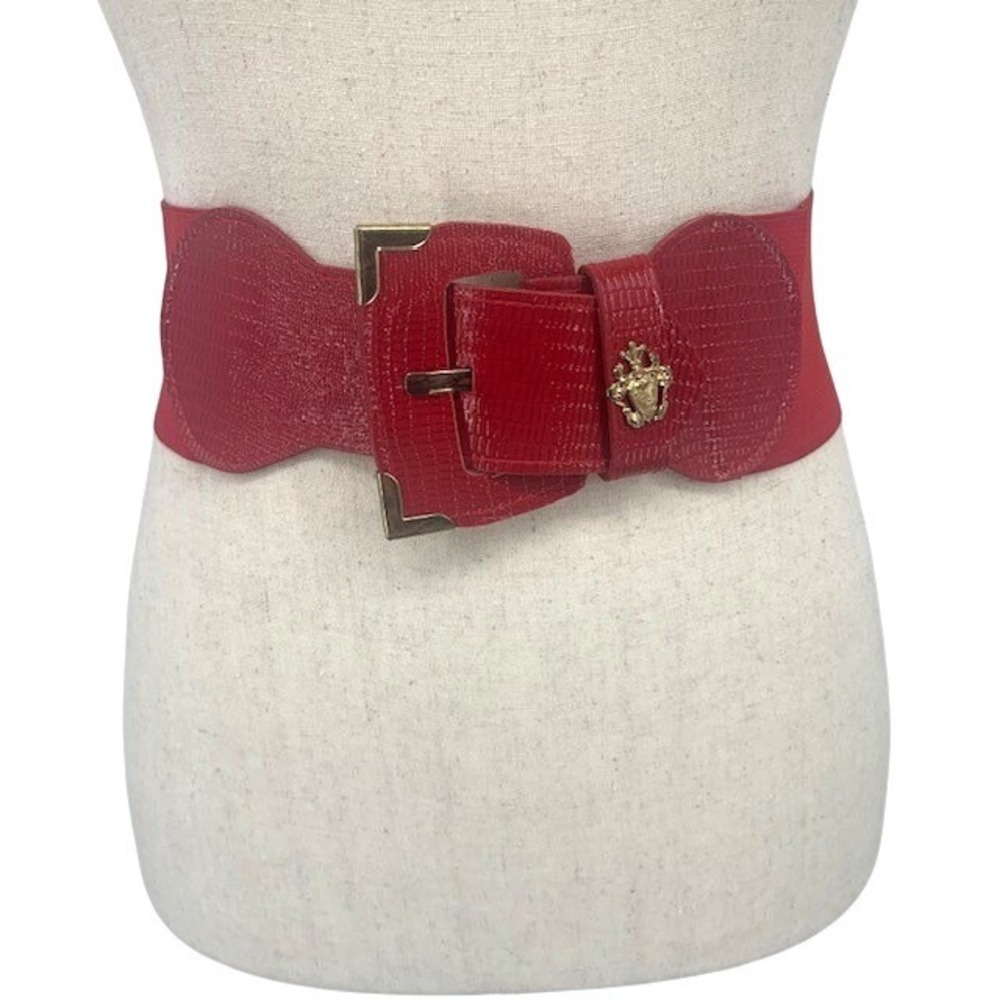 Retro 80s 90s Wide Stretch Statement Waist Belt Gold Crest Buckle Cinch Red